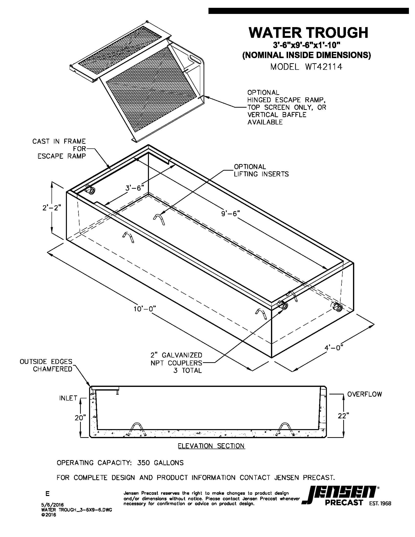 Water Trough 42 in. x 114 in. x 22 in. Rectangular | Jensen Precast