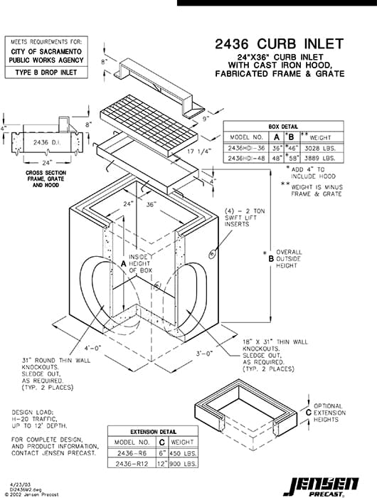 Curb inlet - 24 in. x 36 in. - City of Sacramento Type B | Jensen Precast