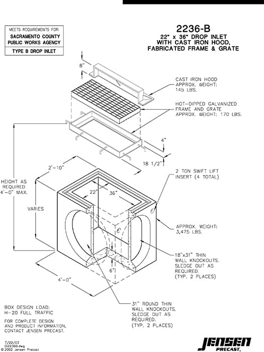 Curb inlet - 22 in. x 36 in. - Sacramento County Type B | Jensen Precast