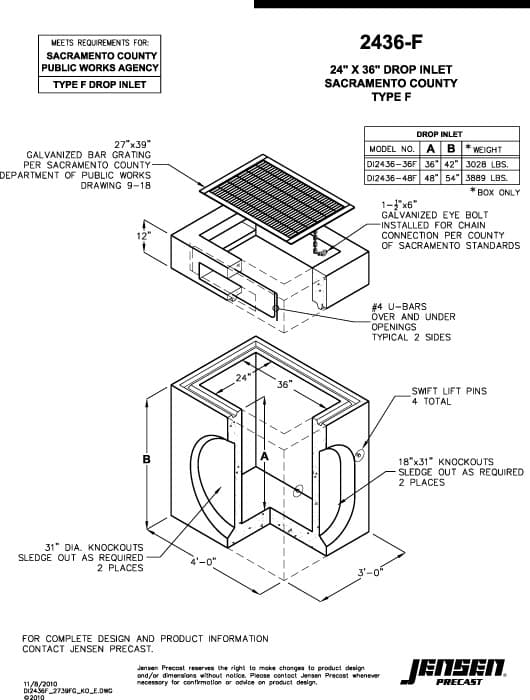 Drop inlet - 24 in. x 36 in. Sacramento County Type F | Jensen Precast