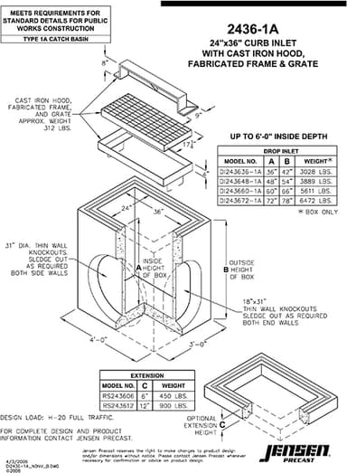 Curb inlet - Type 1A 2 ft. x3 ft. | Jensen Precast