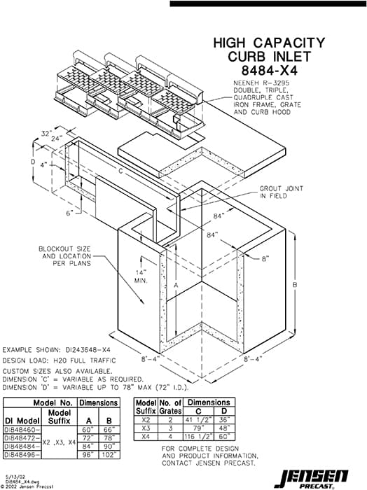 High Capacity Curb Inlet - 8484 x 4 | Jensen Precast