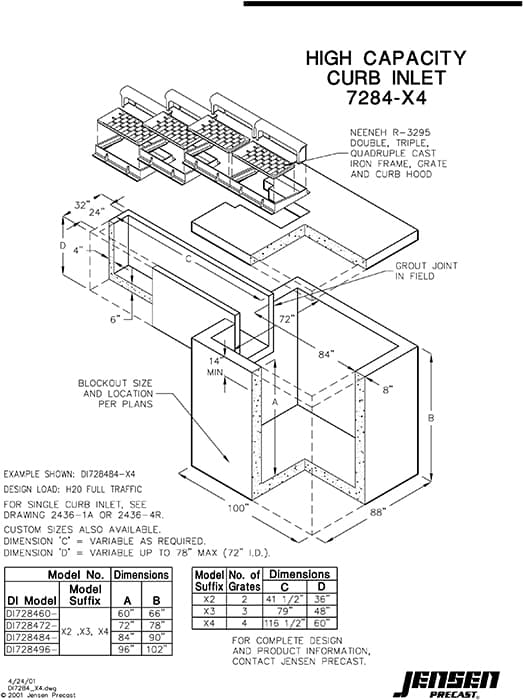 High Capacity Curb Inlet - 7284 x 4 | Jensen Precast