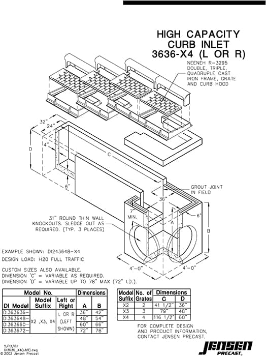 High Capacity Curb Inlet - 3636X4 - Left or Right | Jensen Precast