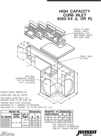 High Capacity Curb Inlet - 6060-X4 - Left or Right | Jensen Precast